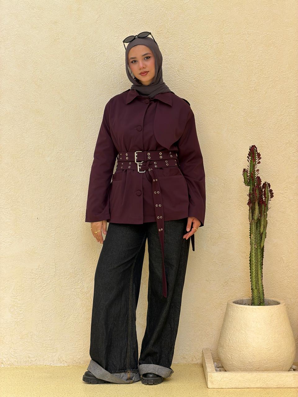 Double Belt Short Trench Coat in burgundy