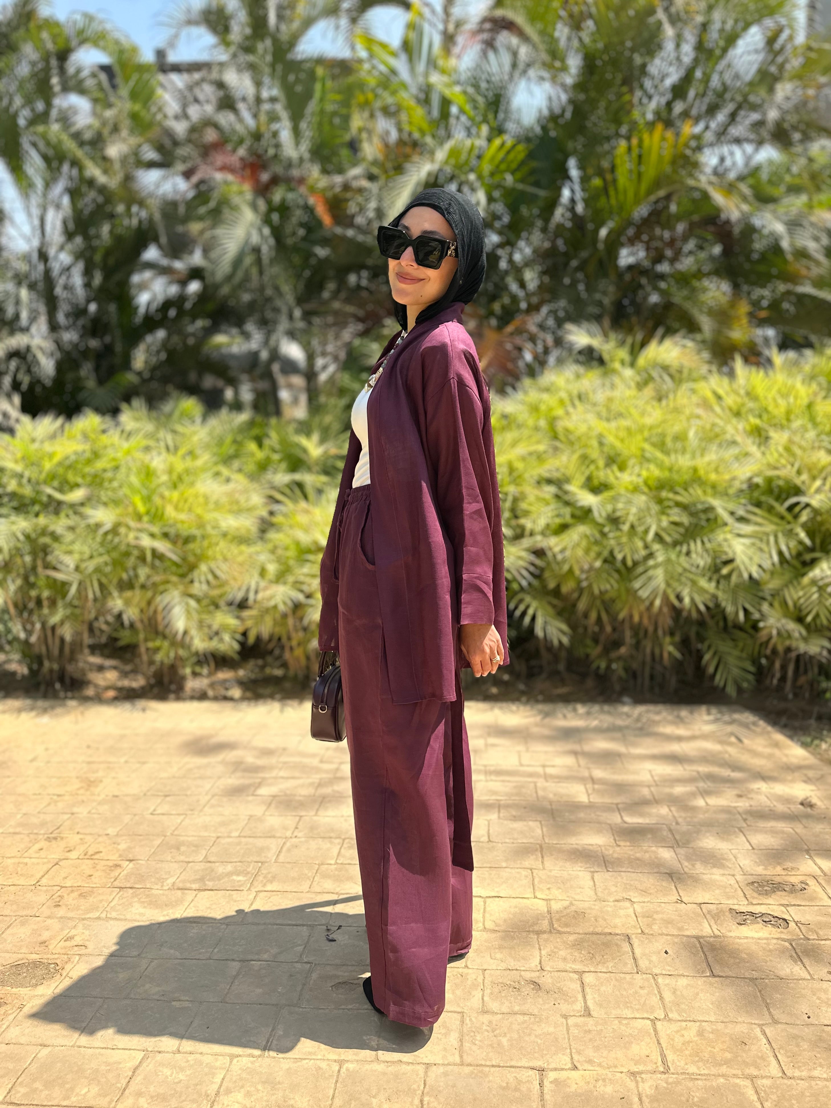 Pure linen set in burgundy