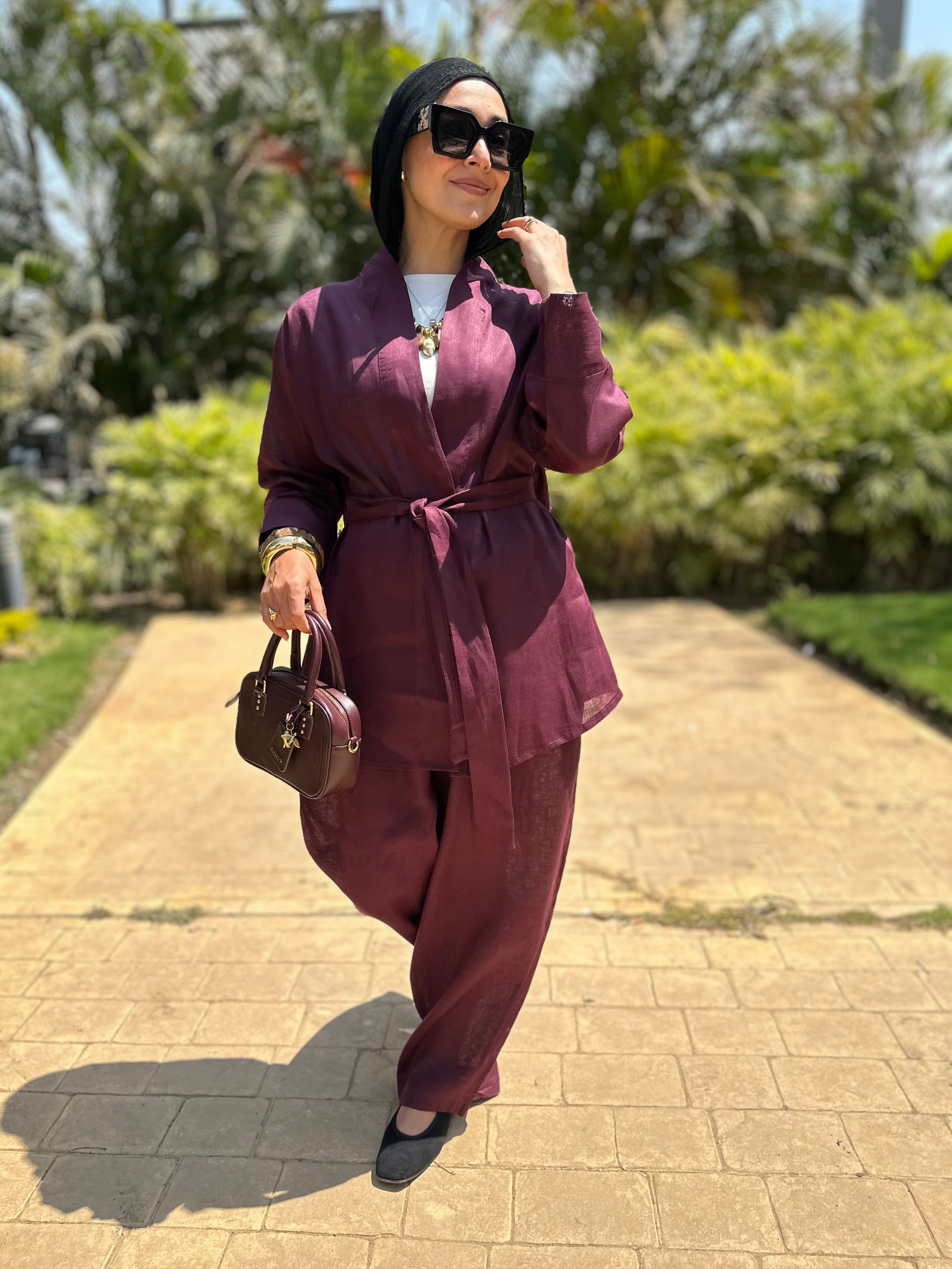 Pure linen set in burgundy