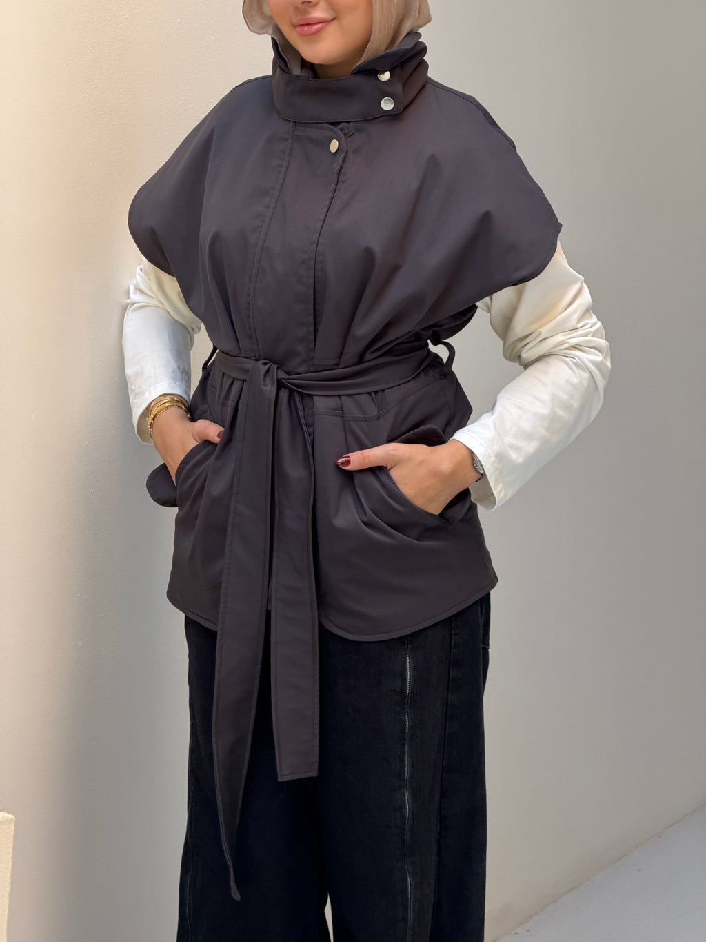 Statement Belt Vest in charcoal grey