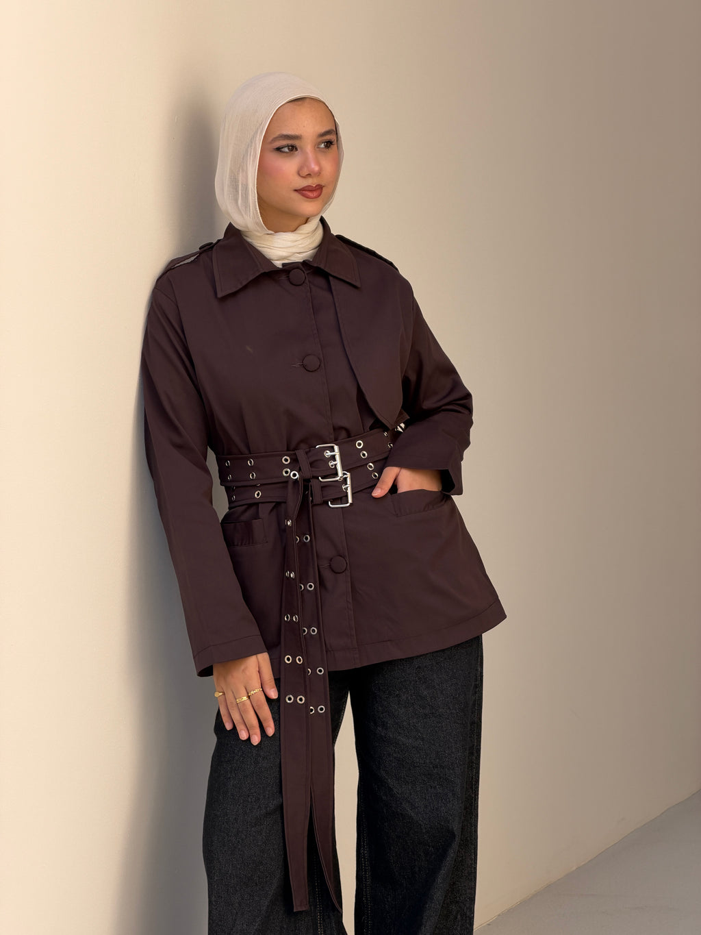 Double Belt Short Trench Coat in dark brown