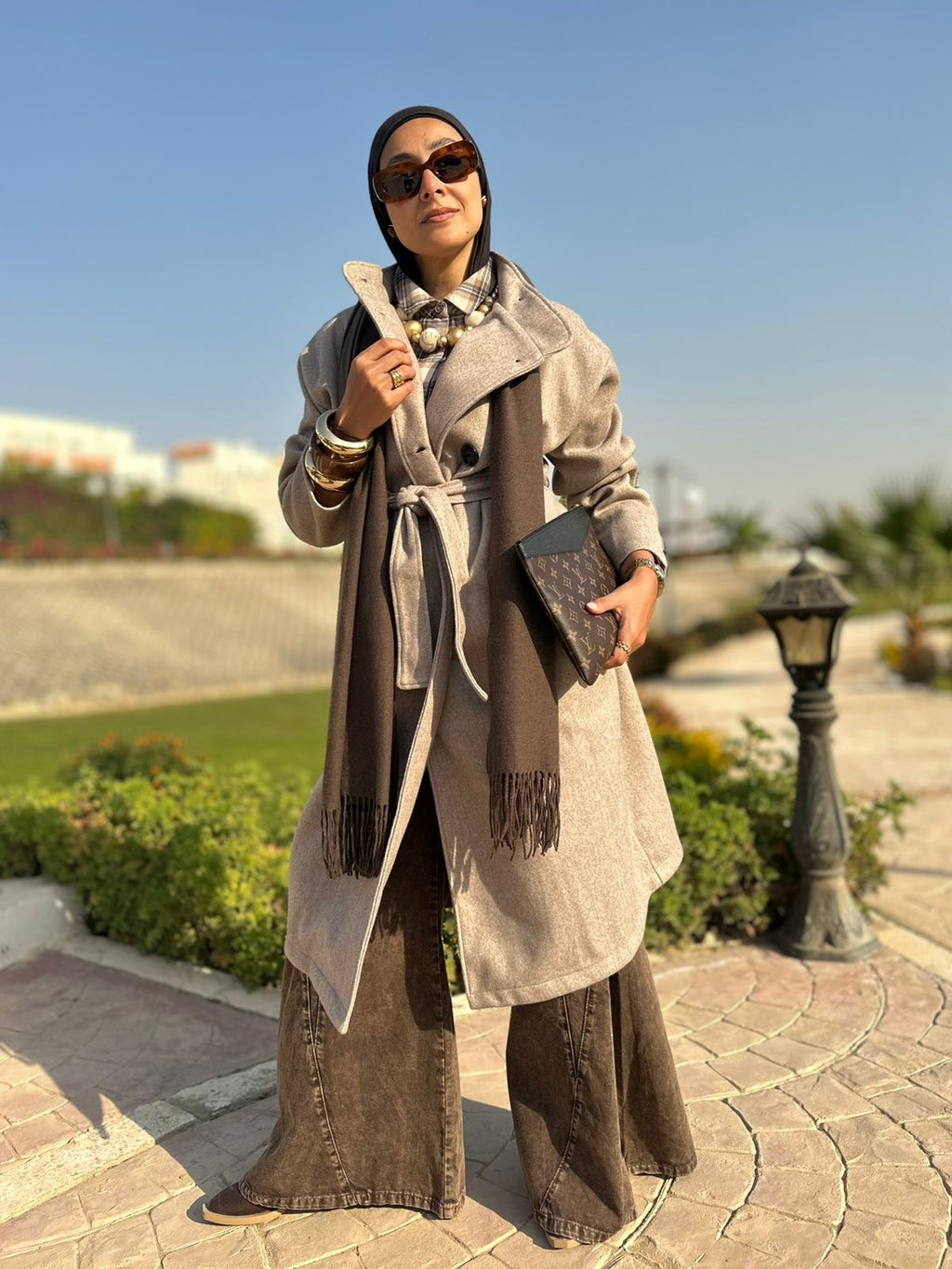 Soft wool coat in cafe